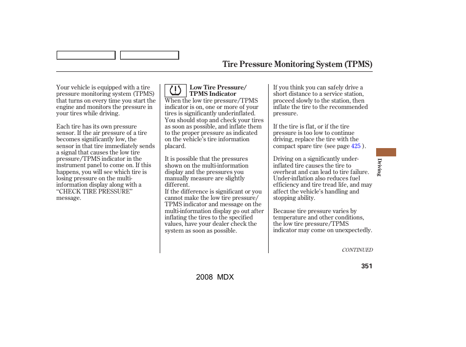 Tire pressure monitoring system (tpms) | Acura 2008 MDX - Owner's Manual User Manual | Page 355 / 489