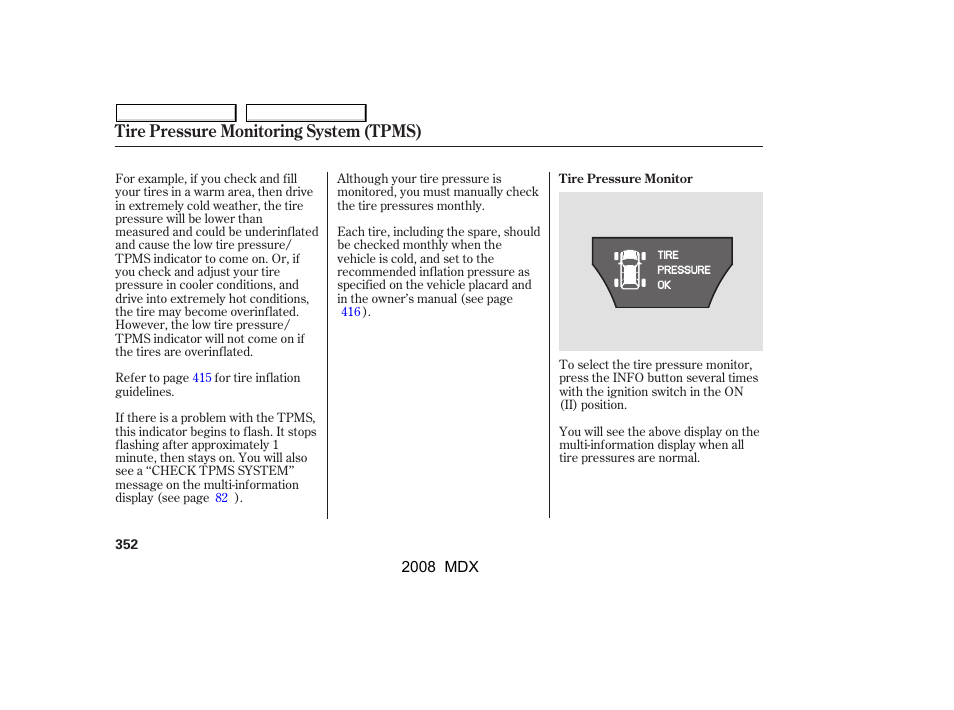 Tire pressure monitoring system (tpms) | Acura 2008 MDX - Owner's Manual User Manual | Page 356 / 489