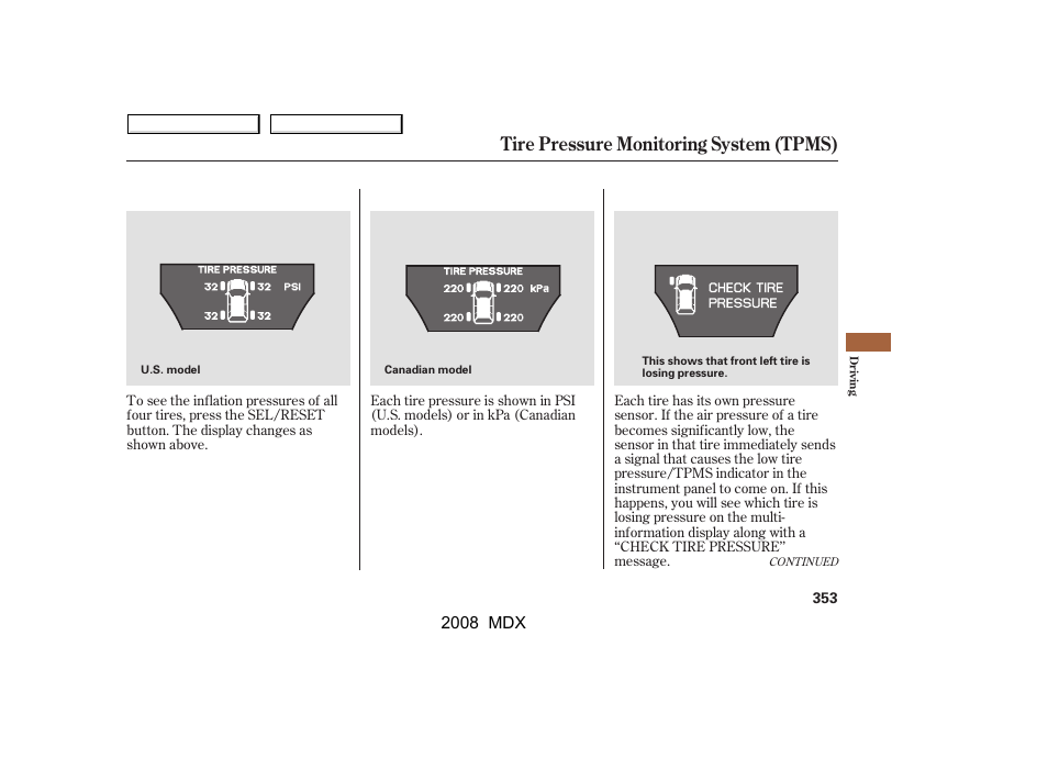 Tire pressure monitoring system (tpms) | Acura 2008 MDX - Owner's Manual User Manual | Page 357 / 489