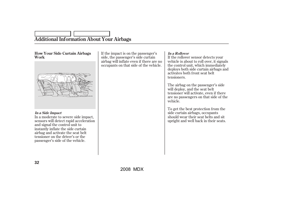 Additional information about your airbags | Acura 2008 MDX - Owner's Manual User Manual | Page 36 / 489