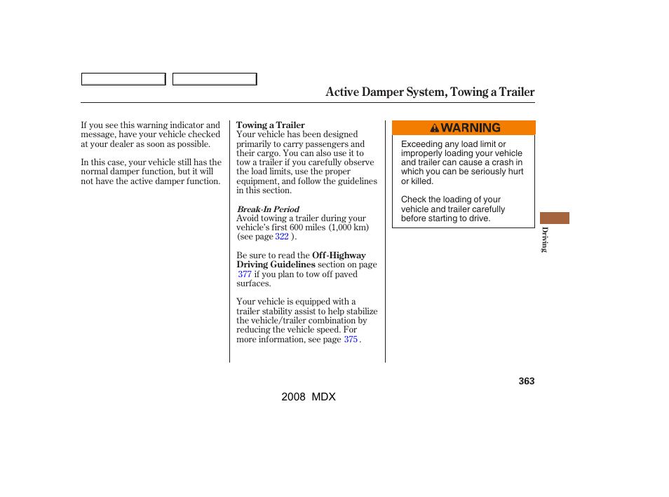 Active damper system, towing a trailer | Acura 2008 MDX - Owner's Manual User Manual | Page 367 / 489