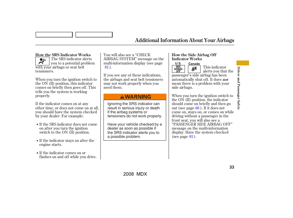 Additional information about your airbags | Acura 2008 MDX - Owner's Manual User Manual | Page 37 / 489