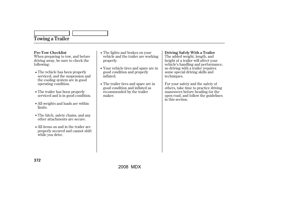 Towing a trailer | Acura 2008 MDX - Owner's Manual User Manual | Page 376 / 489