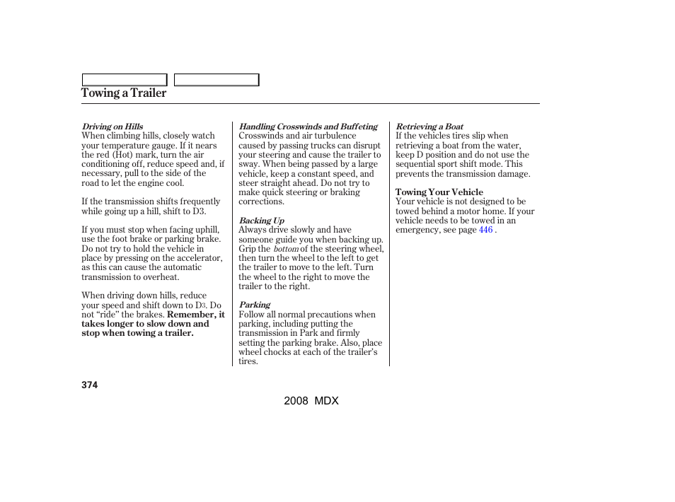 Towing a trailer | Acura 2008 MDX - Owner's Manual User Manual | Page 378 / 489