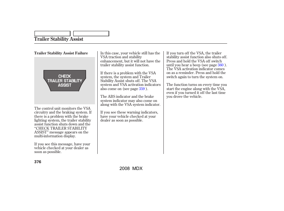 Trailer stability assist | Acura 2008 MDX - Owner's Manual User Manual | Page 380 / 489