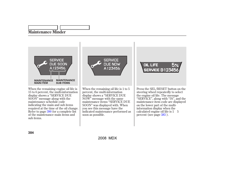 Maintenance minder | Acura 2008 MDX - Owner's Manual User Manual | Page 388 / 489