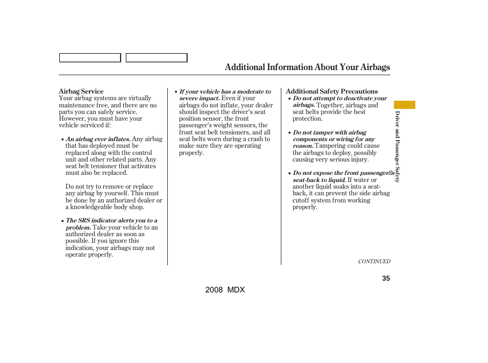 Additional information about your airbags | Acura 2008 MDX - Owner's Manual User Manual | Page 39 / 489