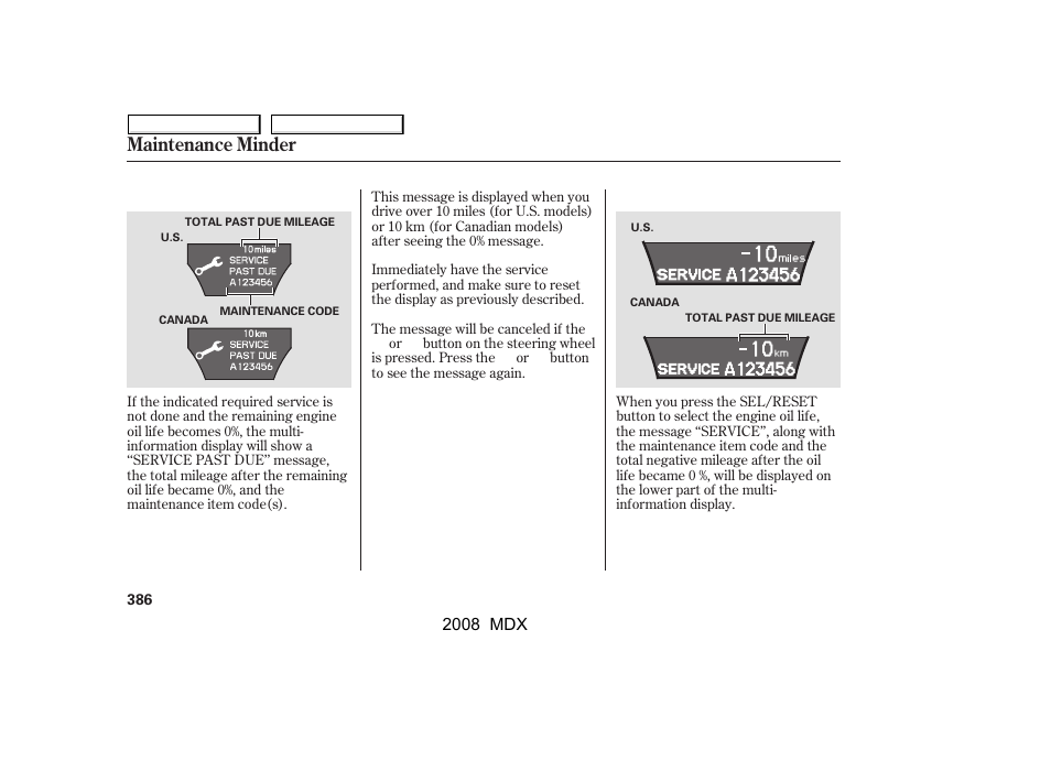 Maintenance minder | Acura 2008 MDX - Owner's Manual User Manual | Page 390 / 489