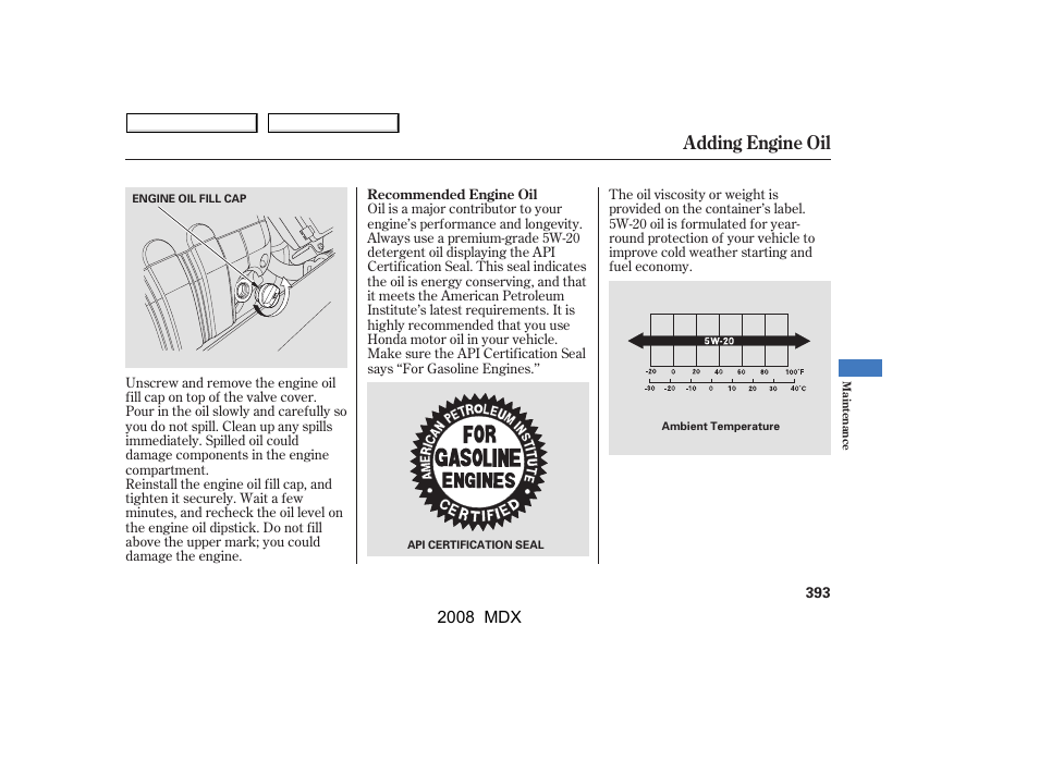 Adding engine oil | Acura 2008 MDX - Owner's Manual User Manual | Page 397 / 489