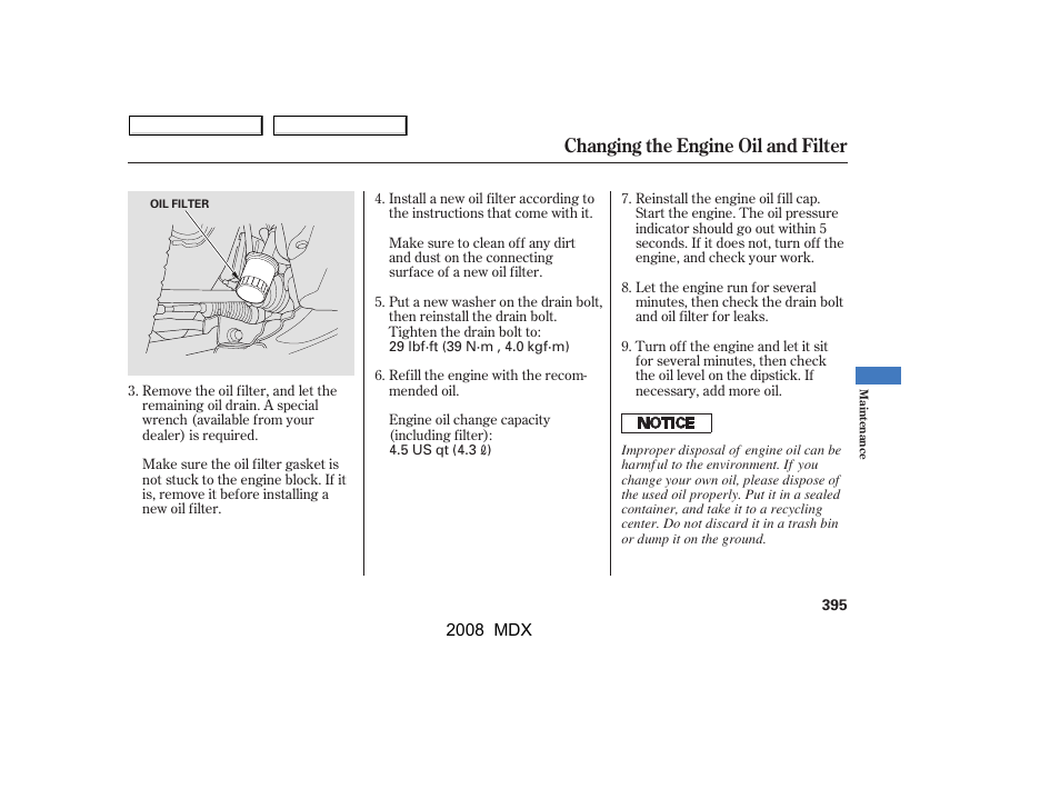 Changing the engine oil and filter | Acura 2008 MDX - Owner's Manual User Manual | Page 399 / 489