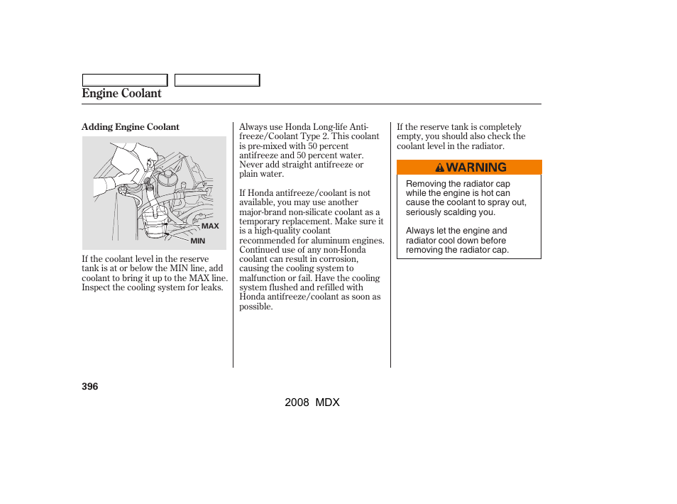 Engine coolant | Acura 2008 MDX - Owner's Manual User Manual | Page 400 / 489