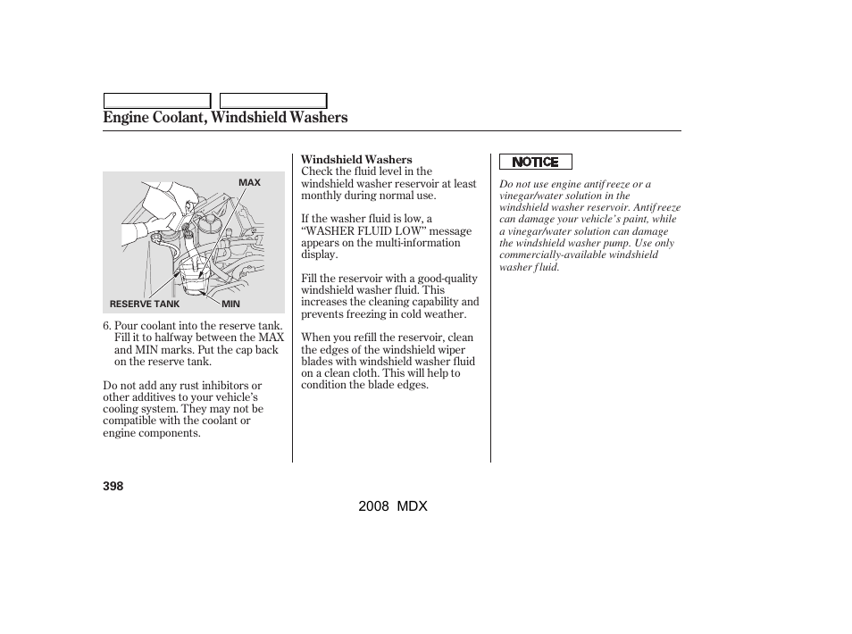 Engine coolant, windshield washers | Acura 2008 MDX - Owner's Manual User Manual | Page 402 / 489