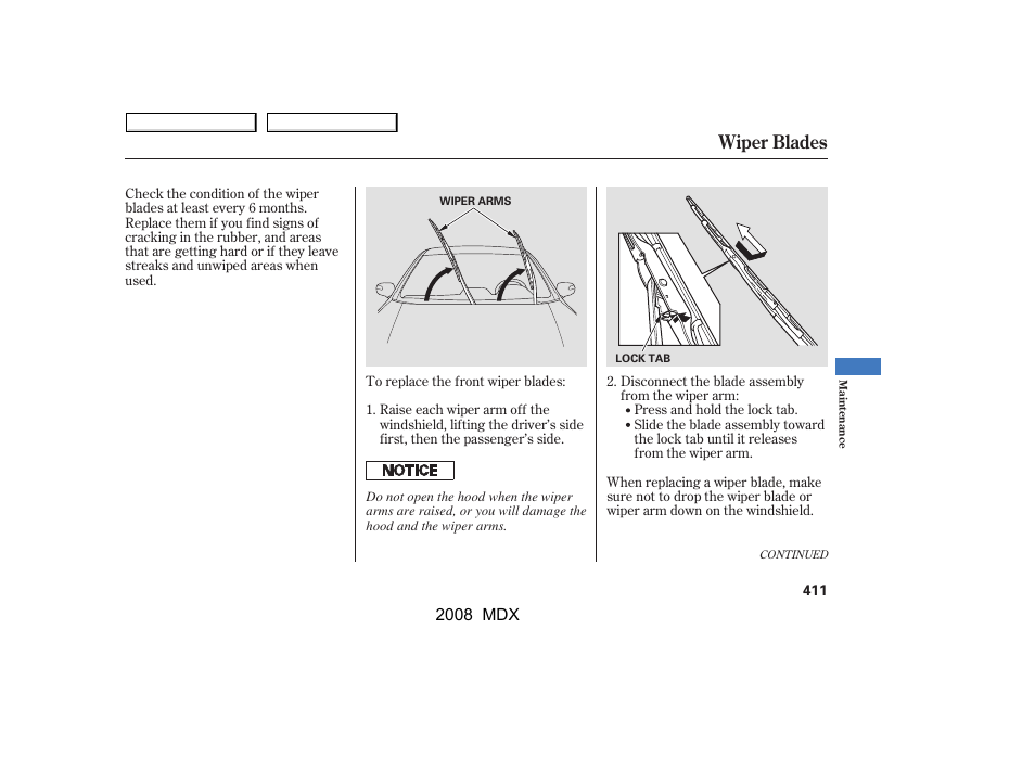 Wiper blades | Acura 2008 MDX - Owner's Manual User Manual | Page 415 / 489