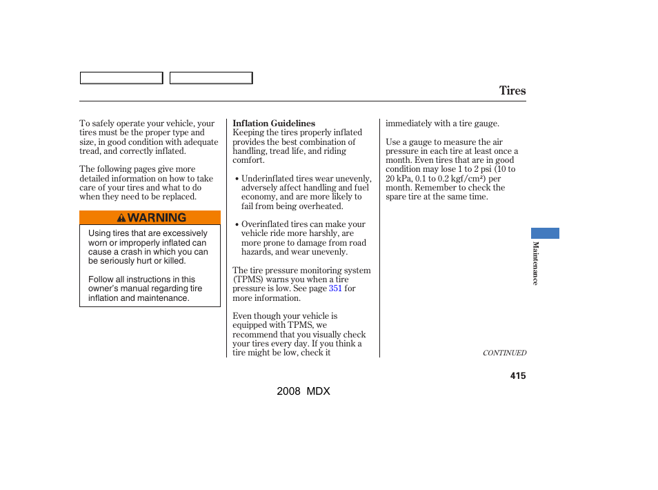 Tires | Acura 2008 MDX - Owner's Manual User Manual | Page 419 / 489