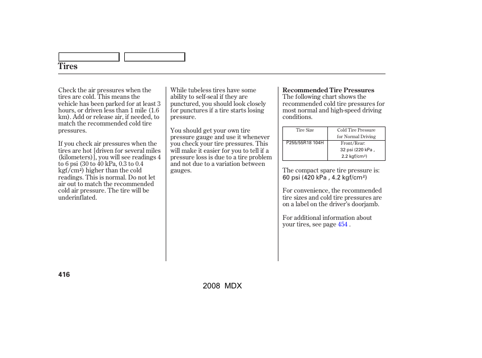 Tires | Acura 2008 MDX - Owner's Manual User Manual | Page 420 / 489