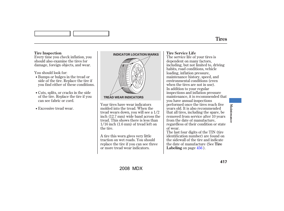 Tires | Acura 2008 MDX - Owner's Manual User Manual | Page 421 / 489