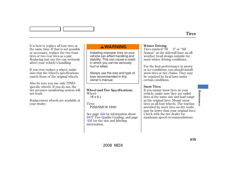 Tires | Acura 2008 MDX - Owner's Manual User Manual | Page 423 / 489