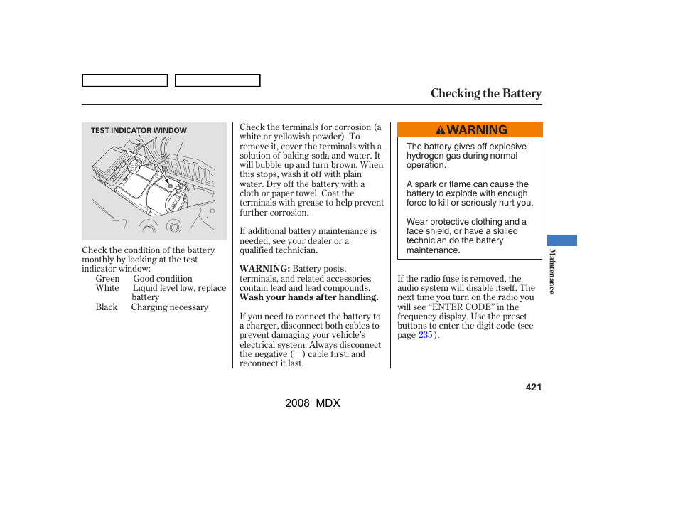 Checking the battery | Acura 2008 MDX - Owner's Manual User Manual | Page 425 / 489