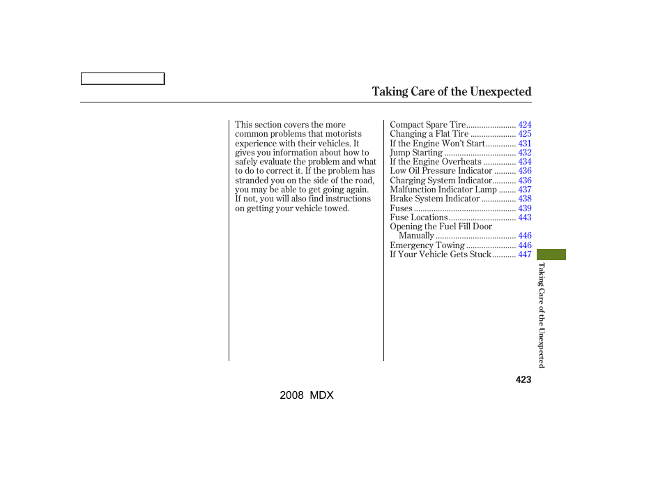 Taking care of the unexpected | Acura 2008 MDX - Owner's Manual User Manual | Page 427 / 489