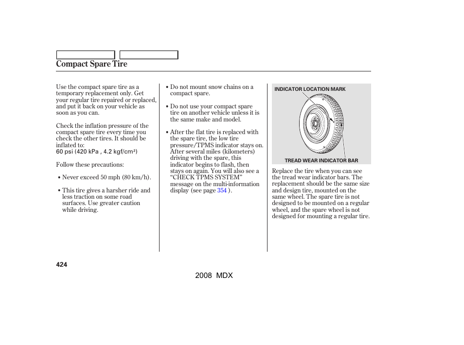 Compact spare tire | Acura 2008 MDX - Owner's Manual User Manual | Page 428 / 489