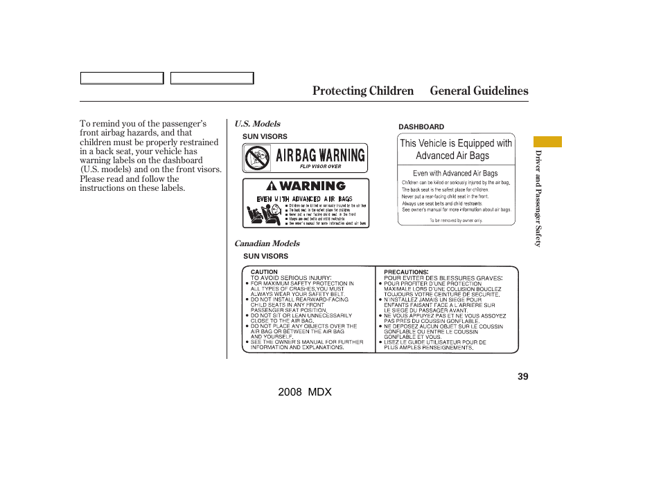 Protecting children general guidelines, 2008 mdx | Acura 2008 MDX - Owner's Manual User Manual | Page 43 / 489