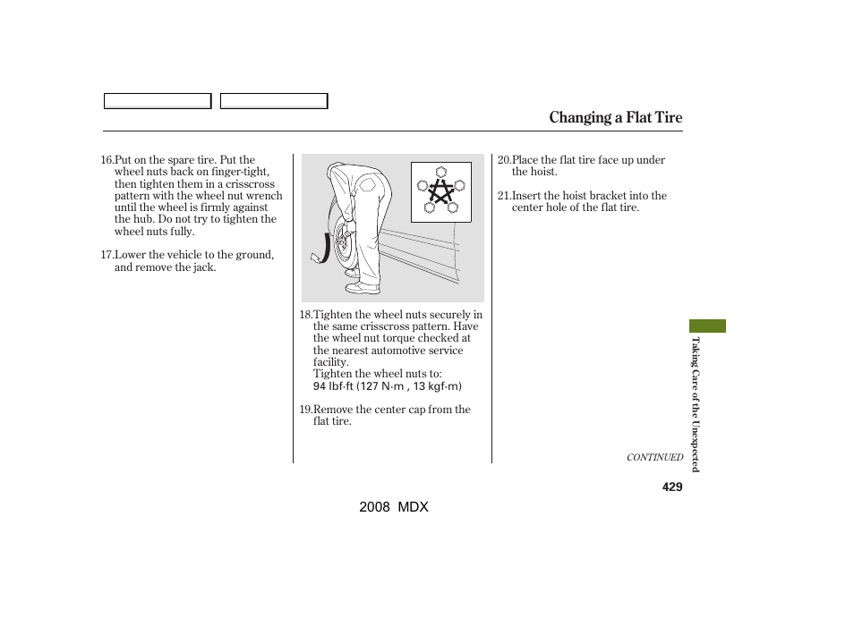 Changing a flat tire, 2008 mdx | Acura 2008 MDX - Owner's Manual User Manual | Page 433 / 489