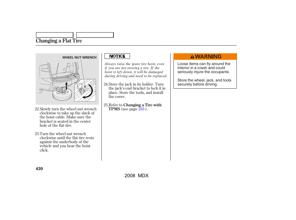 Changing a flat tire | Acura 2008 MDX - Owner's Manual User Manual | Page 434 / 489