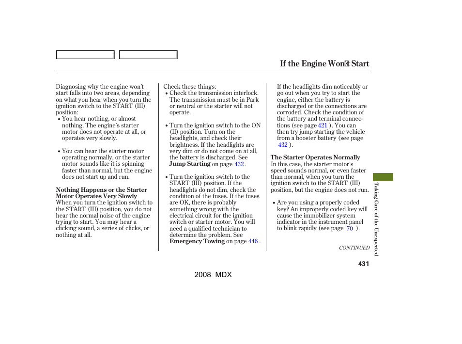 If the engine won t start | Acura 2008 MDX - Owner's Manual User Manual | Page 435 / 489