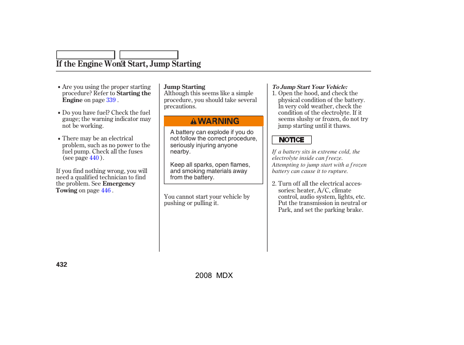 If the engine won t start, jump starting | Acura 2008 MDX - Owner's Manual User Manual | Page 436 / 489