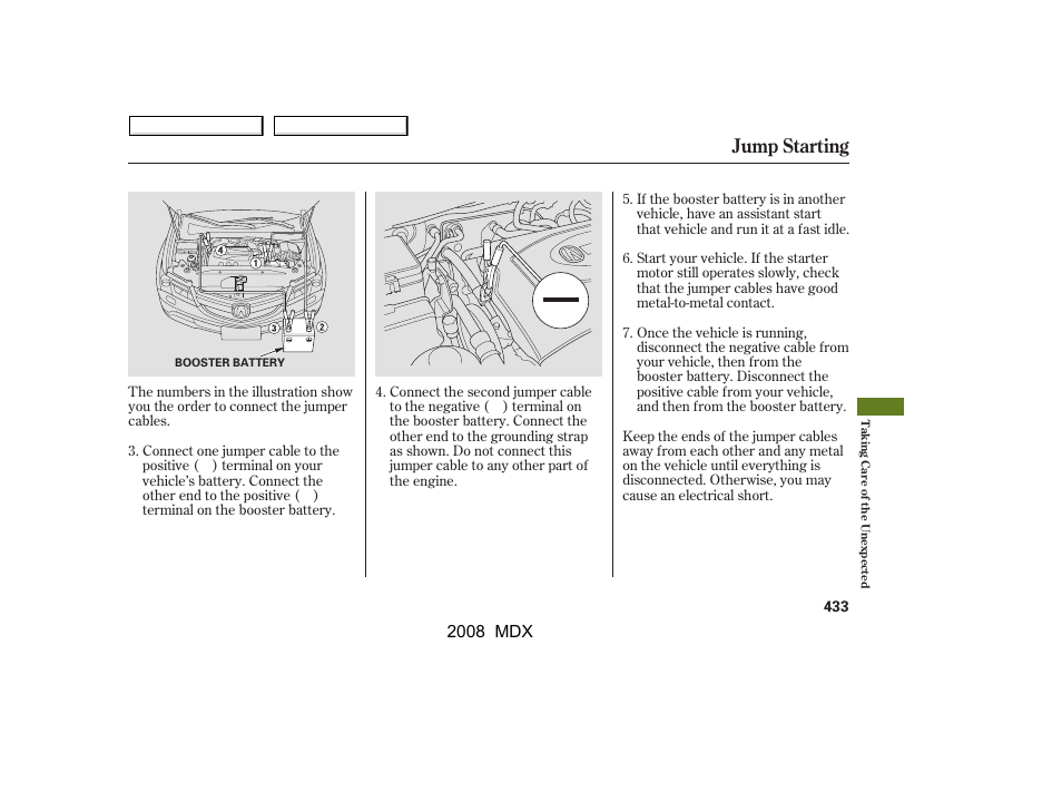 Jump starting | Acura 2008 MDX - Owner's Manual User Manual | Page 437 / 489