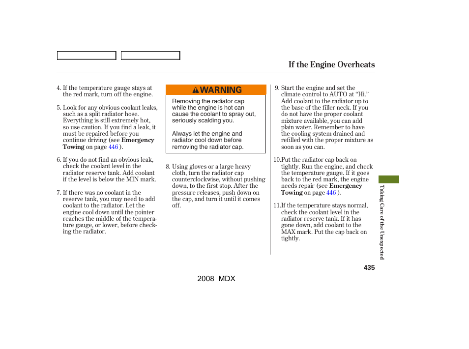 If the engine overheats | Acura 2008 MDX - Owner's Manual User Manual | Page 439 / 489