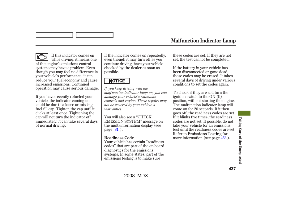 Malfunction indicator lamp | Acura 2008 MDX - Owner's Manual User Manual | Page 441 / 489