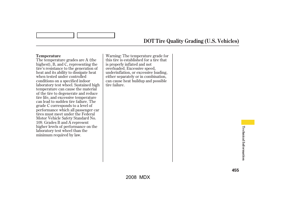 Dot tire quality grading (u.s. vehicles) | Acura 2008 MDX - Owner's Manual User Manual | Page 459 / 489