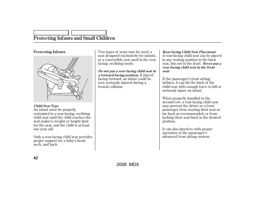Protecting infants and small children | Acura 2008 MDX - Owner's Manual User Manual | Page 46 / 489