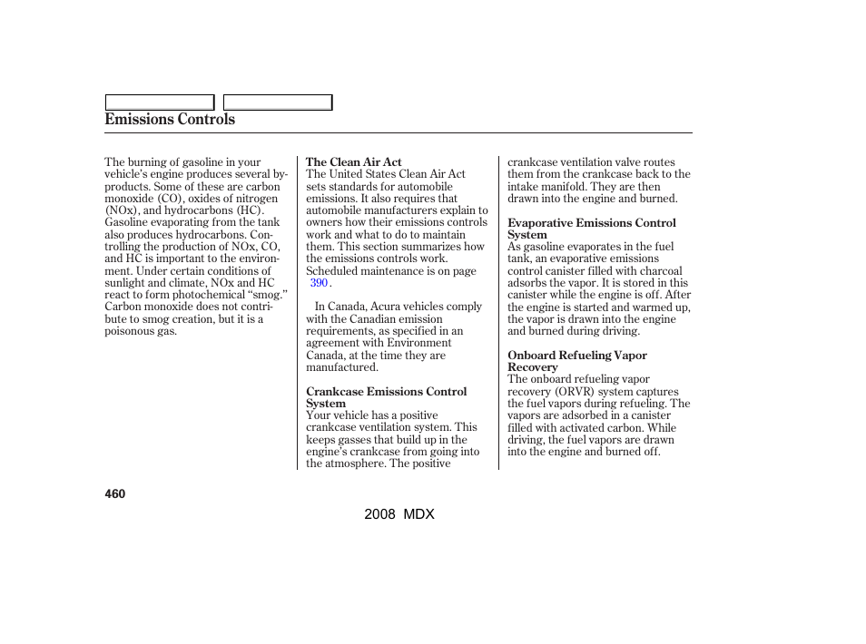 Emissions controls | Acura 2008 MDX - Owner's Manual User Manual | Page 464 / 489