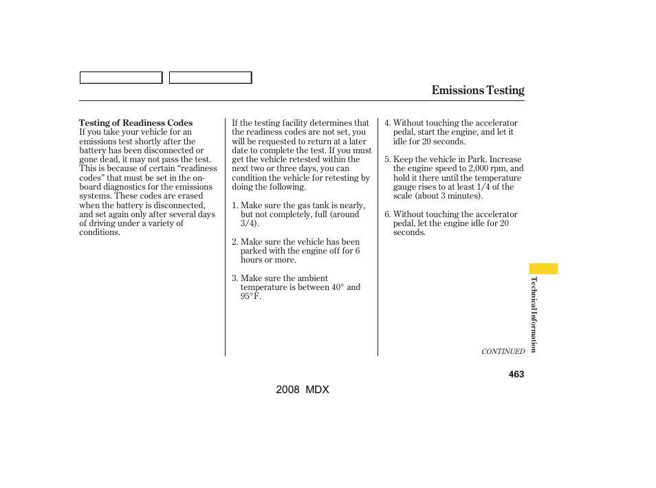 Emissions testing | Acura 2008 MDX - Owner's Manual User Manual | Page 467 / 489