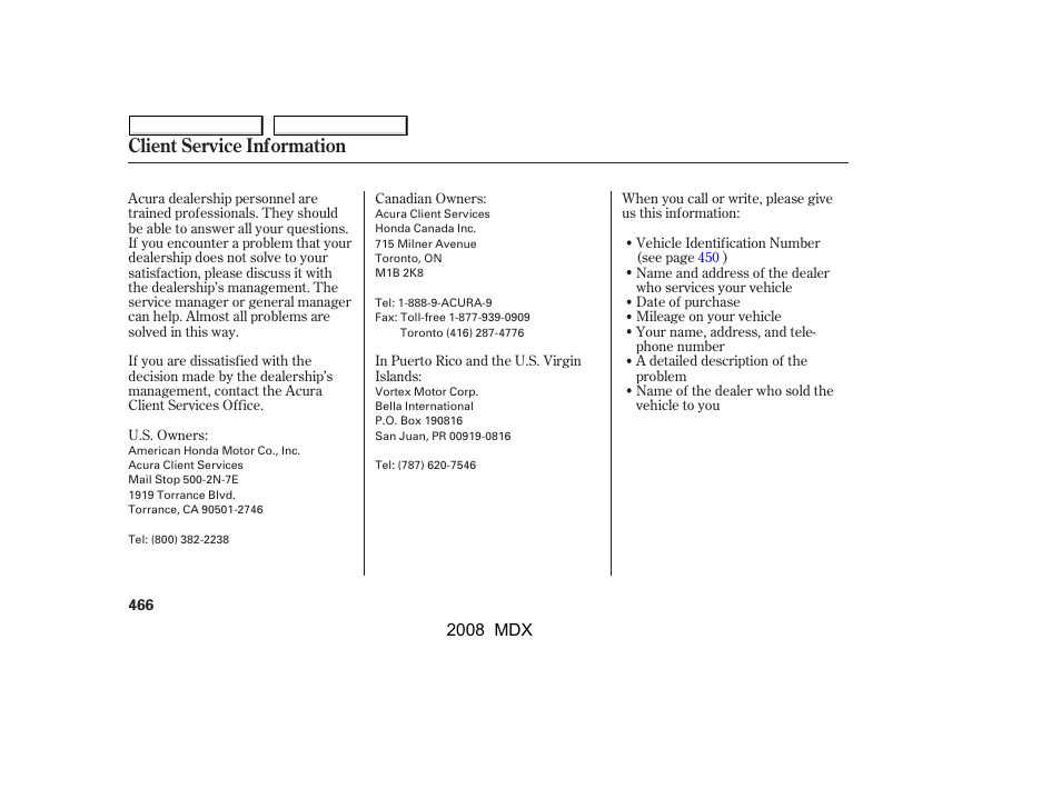 Client service information | Acura 2008 MDX - Owner's Manual User Manual | Page 470 / 489