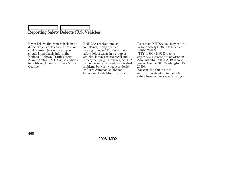 Reporting safety defects (u.s. vehicles) | Acura 2008 MDX - Owner's Manual User Manual | Page 472 / 489