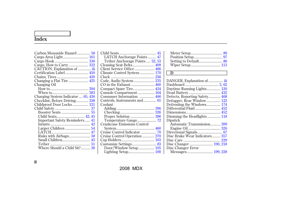 Index | Acura 2008 MDX - Owner's Manual User Manual | Page 476 / 489