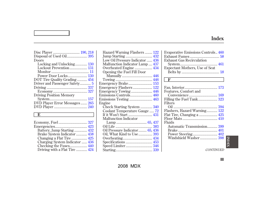 Index | Acura 2008 MDX - Owner's Manual User Manual | Page 477 / 489