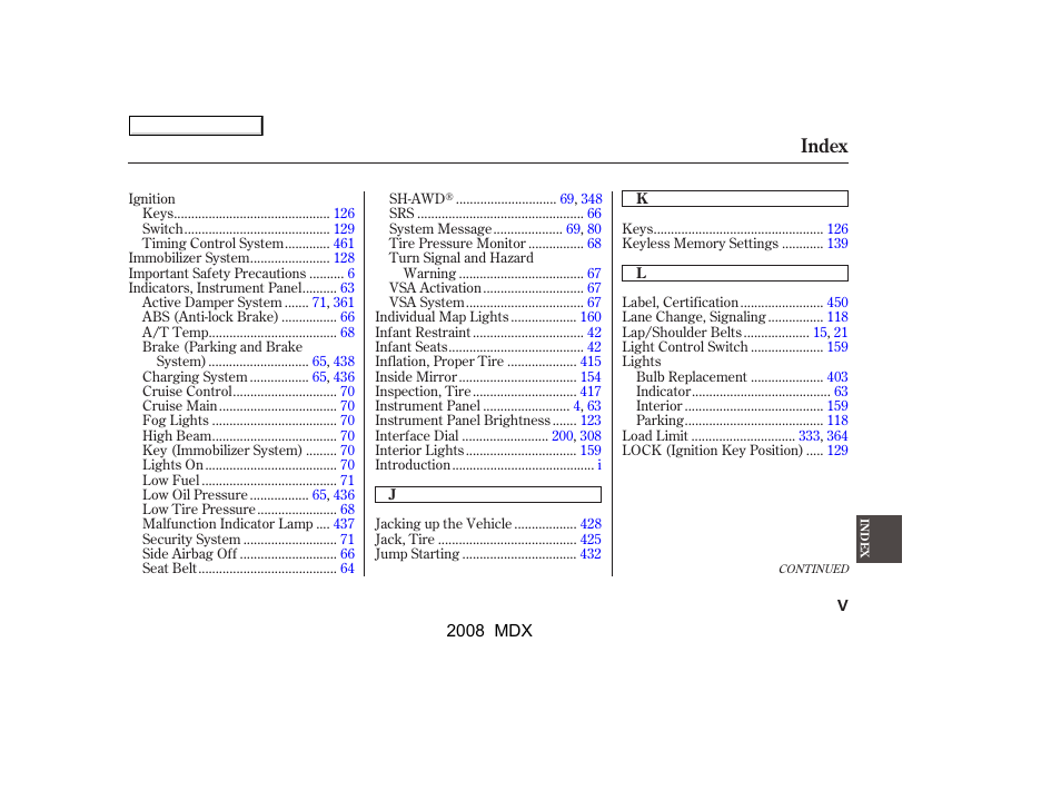 Index | Acura 2008 MDX - Owner's Manual User Manual | Page 479 / 489