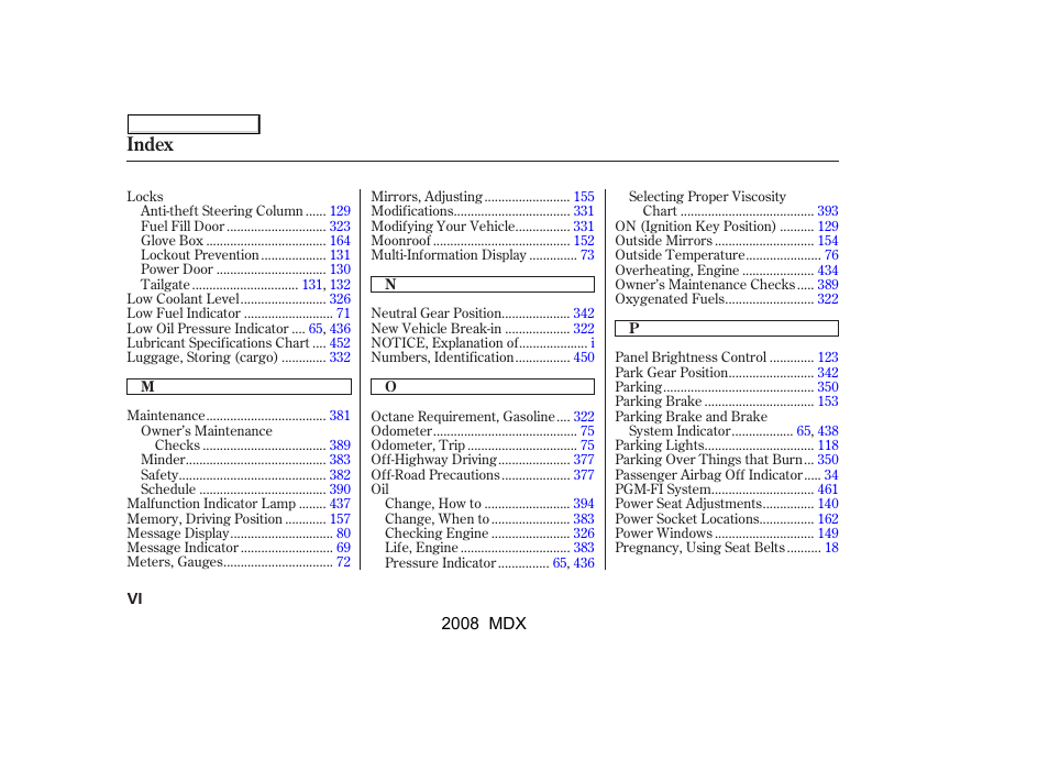 Index | Acura 2008 MDX - Owner's Manual User Manual | Page 480 / 489