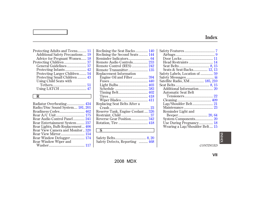 Index | Acura 2008 MDX - Owner's Manual User Manual | Page 481 / 489