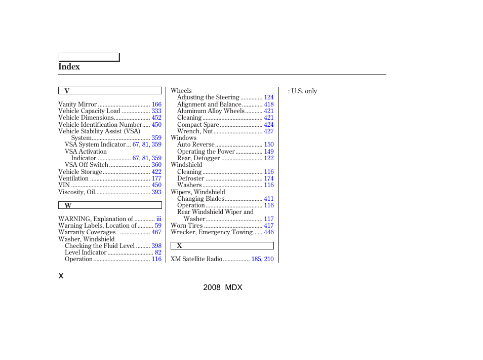 Index | Acura 2008 MDX - Owner's Manual User Manual | Page 484 / 489