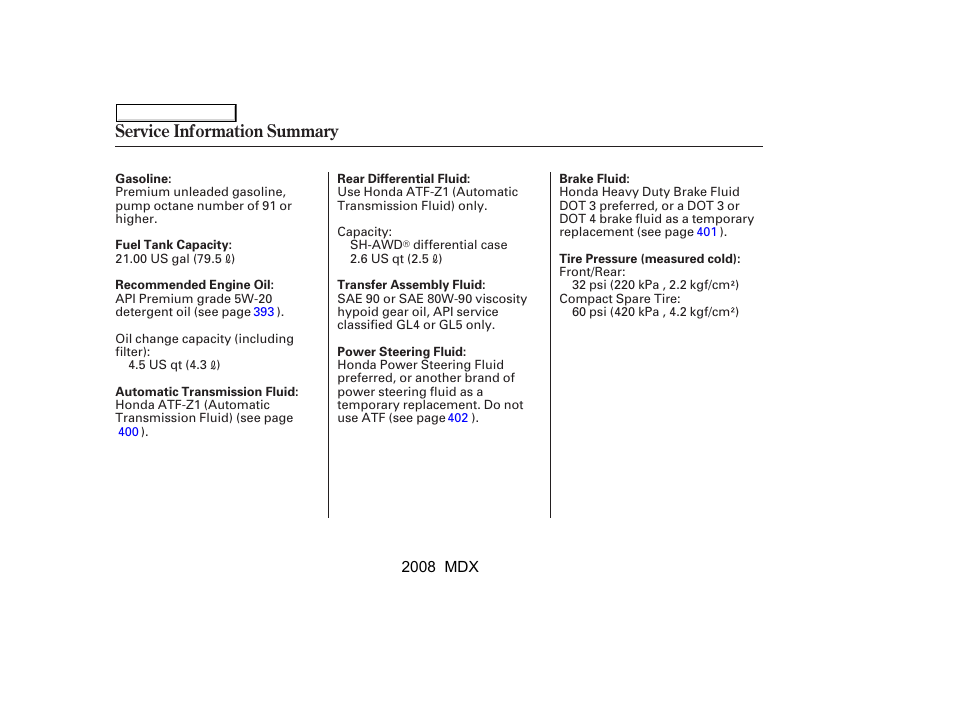 Service information summary | Acura 2008 MDX - Owner's Manual User Manual | Page 488 / 489