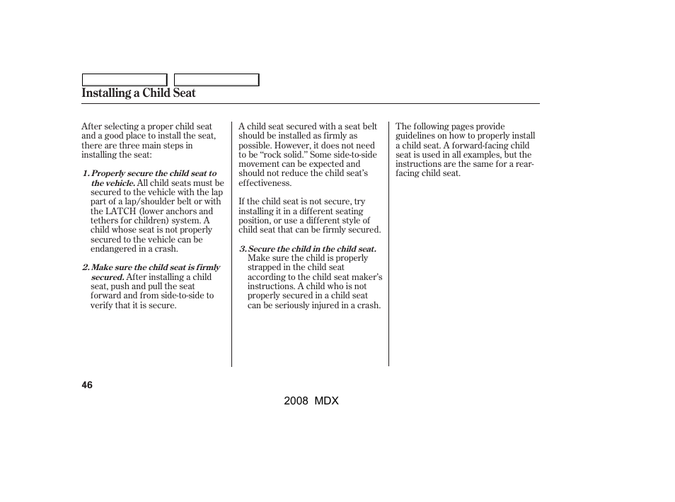 Installing a child seat | Acura 2008 MDX - Owner's Manual User Manual | Page 50 / 489