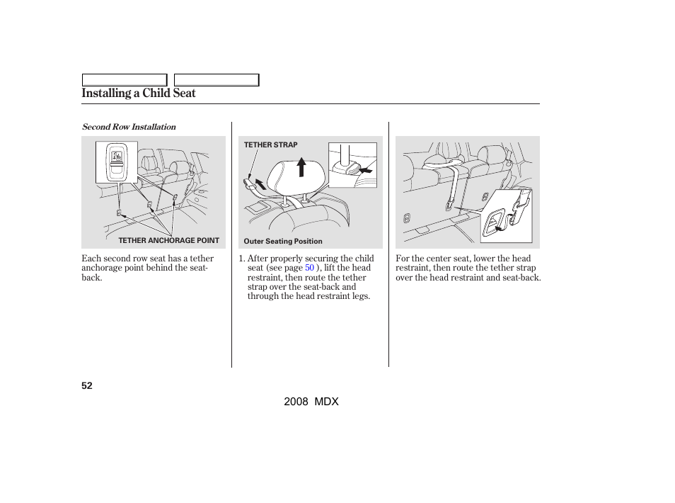 Installing a child seat | Acura 2008 MDX - Owner's Manual User Manual | Page 56 / 489