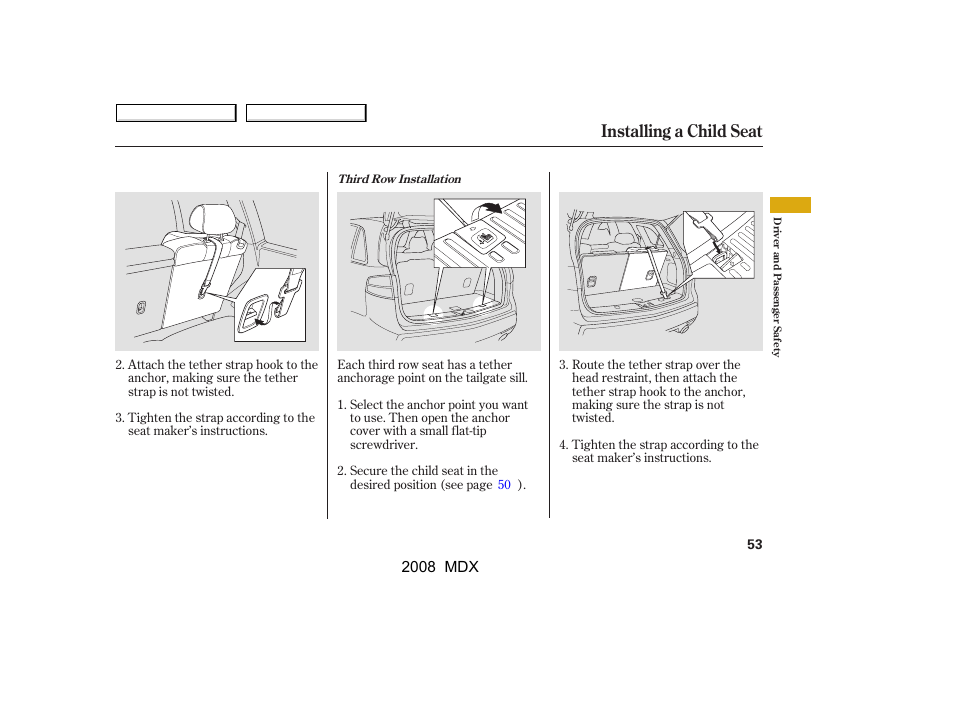 Installing a child seat | Acura 2008 MDX - Owner's Manual User Manual | Page 57 / 489