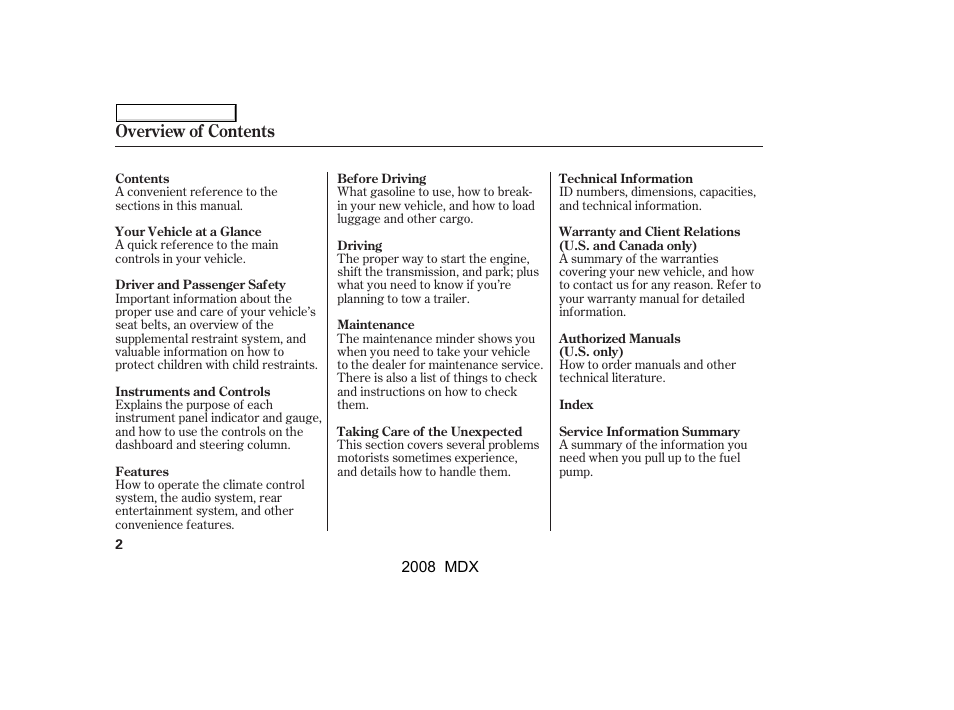 Overview of contents | Acura 2008 MDX - Owner's Manual User Manual | Page 6 / 489