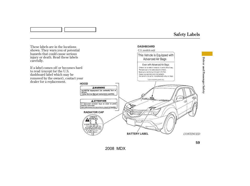 Safety labels, 2008 mdx | Acura 2008 MDX - Owner's Manual User Manual | Page 63 / 489